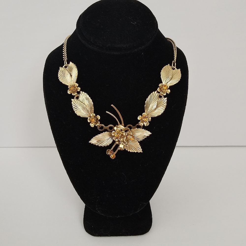Vintage 1950s West Germany Gold-Tone Floral Statement Necklace